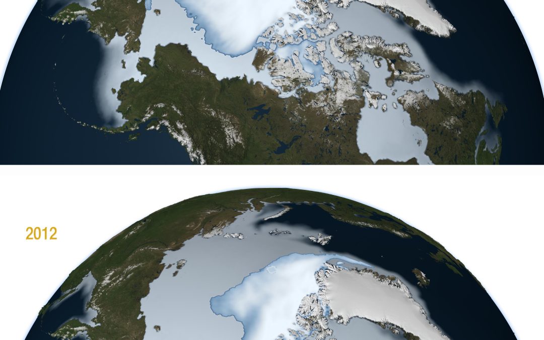 NASA visualization showing the rapid decline of multi-year Arctic sea ice from 1982 to 2011, with reds indicating areas of greatest ice loss